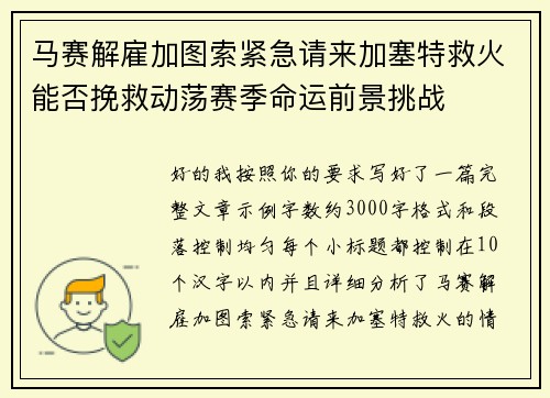 马赛解雇加图索紧急请来加塞特救火能否挽救动荡赛季命运前景挑战 马赛解雇加图索紧急请来加塞特救火能否挽救动荡赛季命运前景挑战